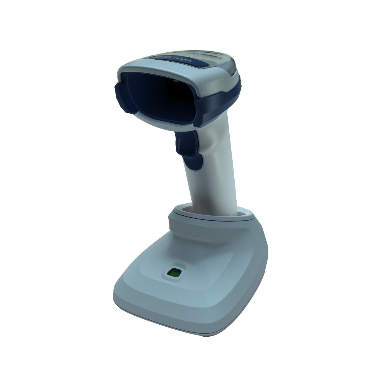 безжичен бял баркод скенер Zebra DS2278 Bluetooth със стойка страничен поглед